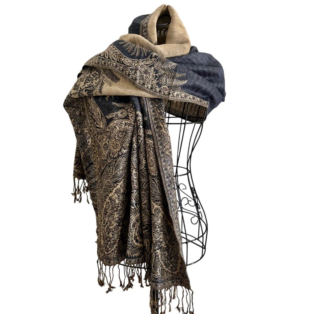 PASHMINA Tapestry Woven Wrap Shawl Paisley Swirl Fringe Boho Hippie Retro